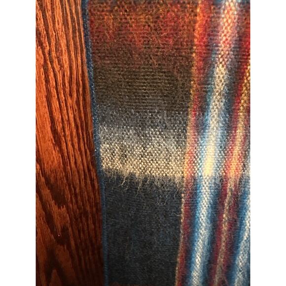 Vintage Soft Brushed Acrylic Stripe Fringe Scarf | Retro Navy Blue & Rust Plaid - Picture 5 of 5